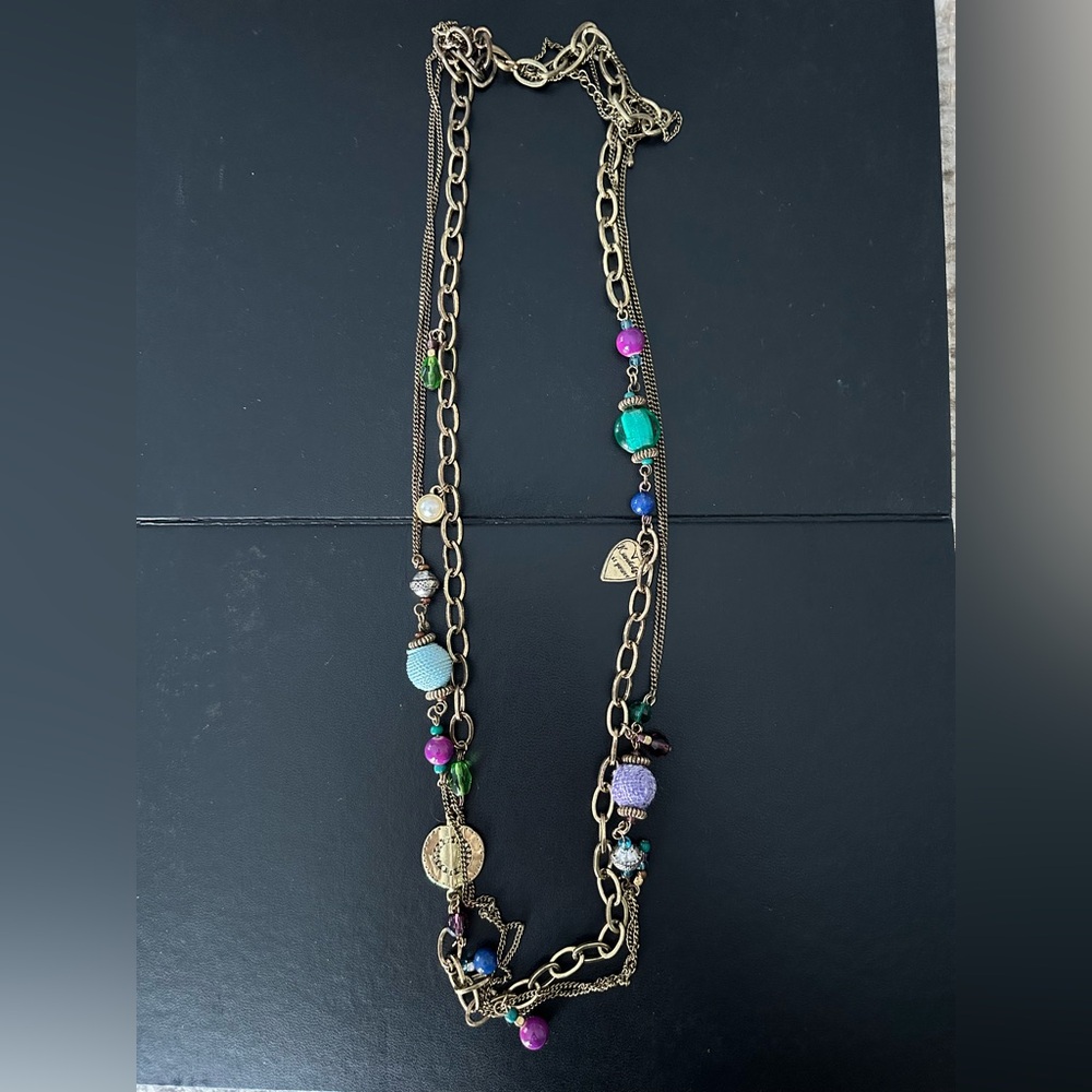 GOLD TONE Multi Chain Necklace with Charms & Blue Green & Purple Stones